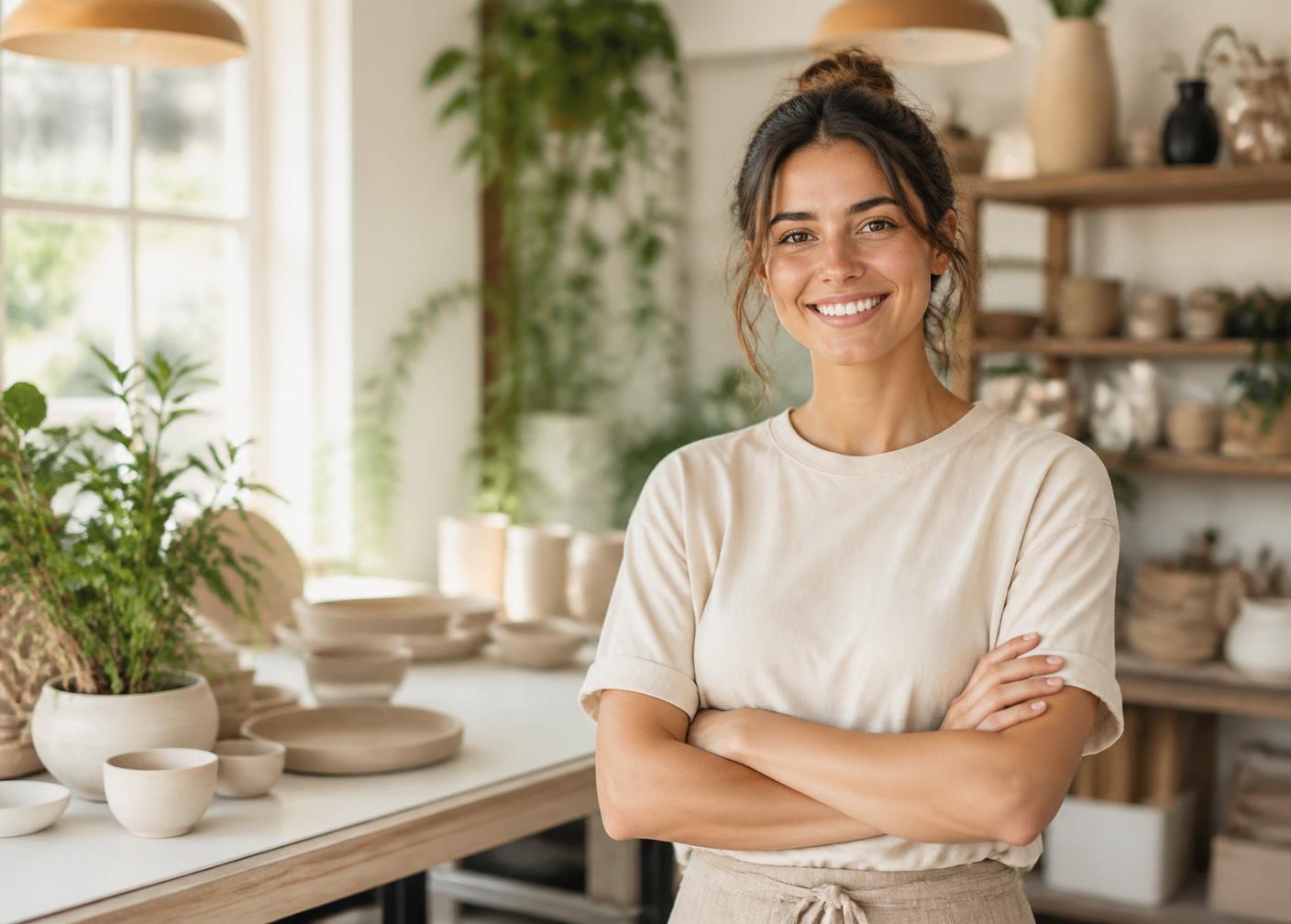 Local business owner working in her bright, welcoming shop